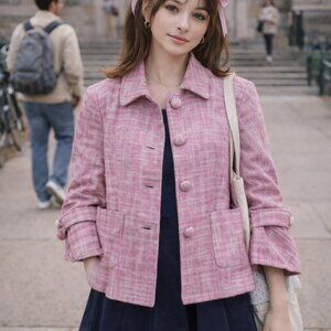 J.Crew Pink Tweed Jacket Womens 6 Cropped Blazer Cotton Linen Preppy Career Twee